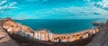 Alicante Orange teal panoramic view of Postiguet beach from the Santa Barbara castle, Spain Royalty Free Stock Photo