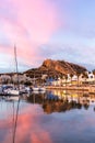 Alicante Port d`Alacant marina with boats and view of castle Castillo evening travel traveling holidays vacation portrait format