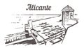 Alicante skyline sketch. Alicante, Spain sea view from the castle hand drawn illustration