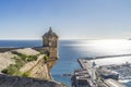 Alicante, Spain - December 23, 2019: Alicante Santa Barbara castle with panoramic aerial view at Mediterranean sea and Royalty Free Stock Photo