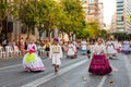 ALICANTE, SPAIN - JUNE 25 2023: Boys and girls walking in march in raditional spanish dress, hogueras San Juan festival