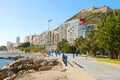 ALICANTE, SPAIN - NOVEMBER 30, 2019: Alicante cityscape and Santa Barbara castle with Paseo de Gomiz promenade and El Postiguet