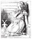 Alice grown big looking at the White Rabbit returning, splendidly dressed