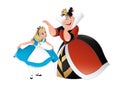 Alice from Wonderland bowing down to queen of hearts