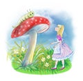 Alice in Wonderland. Alice with caterpillar and mushroom - fly agaric Royalty Free Stock Photo