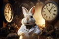 Alice in Wonderland, Cheshire Cat, White Rabbit with watches,queen,fairy tale, rabbit hole fantasy, imaginary world Royalty Free Stock Photo