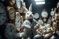 Alice in Wonderland, Cheshire Cat, White Rabbit with watches,queen,fairy tale, rabbit hole fantasy, imaginary world Royalty Free Stock Photo