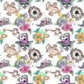 Alice in Wonderland cute bunny and Cheshire cat watercolor objects set seamless pattern