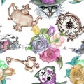 Alice in Wonderland cute bunny and Cheshire cat watercolor objects set seamless pattern