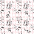 Alice in Wonderland cute bunny and Cheshire cat watercolor objects set seamless pattern