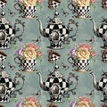 Alice in Wonderland cute watercolor objects set seamless pattern AI generated