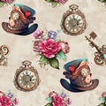 Alice in Wonderland cute watercolor objects set seamless pattern AI generated