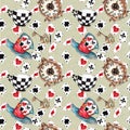 Alice in Wonderland cute watercolor objects set seamless pattern