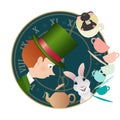 Alice in Wonderland. Mad tea party. Hatter, Dormouse, White Rabbit. Royalty Free Stock Photo