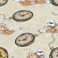 Alice in Wonderland running white rabbit seamless pattern on Grunge vintage background