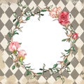 Alice in Wonderland style watercolor floral frame on grunge diamond background