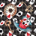 Alice in Wonderland cute watercolor objects set seamless pattern