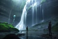 alien admiring view of majestic waterfall, with its futuristic technology in the background