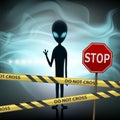 Alien against the light of a spaceship. Stop road sign