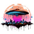 UFO flying over the city. Grunge vector illustration. Royalty Free Stock Photo