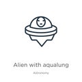 Alien with aqualung icon. Thin linear alien with aqualung outline icon isolated on white background from astronomy collection.