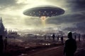 Alien Arrival Concept. UFO in a City Dark Sky extreme closeup. Generative AI