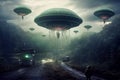 Alien Arrival Concept. UFO in a City Dark Sky extreme closeup. Generative AI