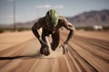 alien athlete, running in straight line with headlong speed, on hot and dusty track