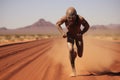 alien athlete, running in straight line with headlong speed, on hot and dusty track