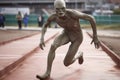 alien athlete rushing towards finish line, about to cross the finish line