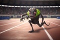 alien athlete speeding past the finish line in track and field event