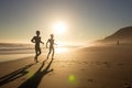 alien athletes jogging on sun-drenched beach