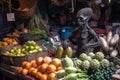 alien, with basket full of exotic fruits and vegetables, shopping in bustling market