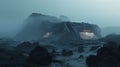 alien black sand landscape, foreground giant Sulphide minerals, spaceship, Nordic rocky black rubble environment, in background is