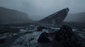 alien black sand landscape, foreground giant Sulphide minerals, spaceship, Nordic rocky black rubble environment, in background is