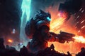 alien blaster in the heat of battle, firing at otherworldly enemies in futuristic city