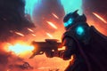 alien blaster in the heat of battle, firing at otherworldly enemies in futuristic city