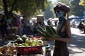 alien, browsing produce at farmers market, with basket in hand