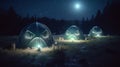 Alien camping on planet Earth at night under the moonlight. Generative AI