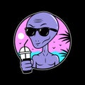 ALIEN CARTOON WITH COCKTAIL SUMMER CHILL OUT Royalty Free Stock Photo