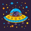 Alien cat pirate in a spaceship in a star galaxy. Cute cosmonaut cat in outer space. Vector illustration on the space theme in