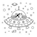 Alien cat pirate in a spaceship in a star galaxy. Cute cosmonaut cat in outer space. Vector outline illustration on the space