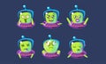 Alien Character in Ufo Set, Funny Monster with Different Emotions Vector Illustration Royalty Free Stock Photo