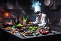 alien chef cooking gourmet feast with fresh ingredients on futuristic plate