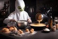 alien chef mixing ingredients for pancakes, preparing to serve delicious breakfast treat