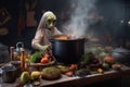 alien chef in steamy kitchen, preparing hearty stew with vegetables and spices Royalty Free Stock Photo