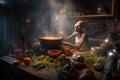 alien chef in steamy kitchen, preparing hearty stew with vegetables and spices Royalty Free Stock Photo