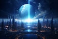 Alien City. Fantasy sci fi city skyline with alien planet. Generative ai Royalty Free Stock Photo