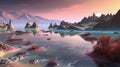 Alien coastal landscape with pink water and soft light. Generative AI Royalty Free Stock Photo