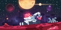 Alien colony. Cartoon red planet base with si-fi exploration transport. Space discovery mission. Cosmic robots explore Mars